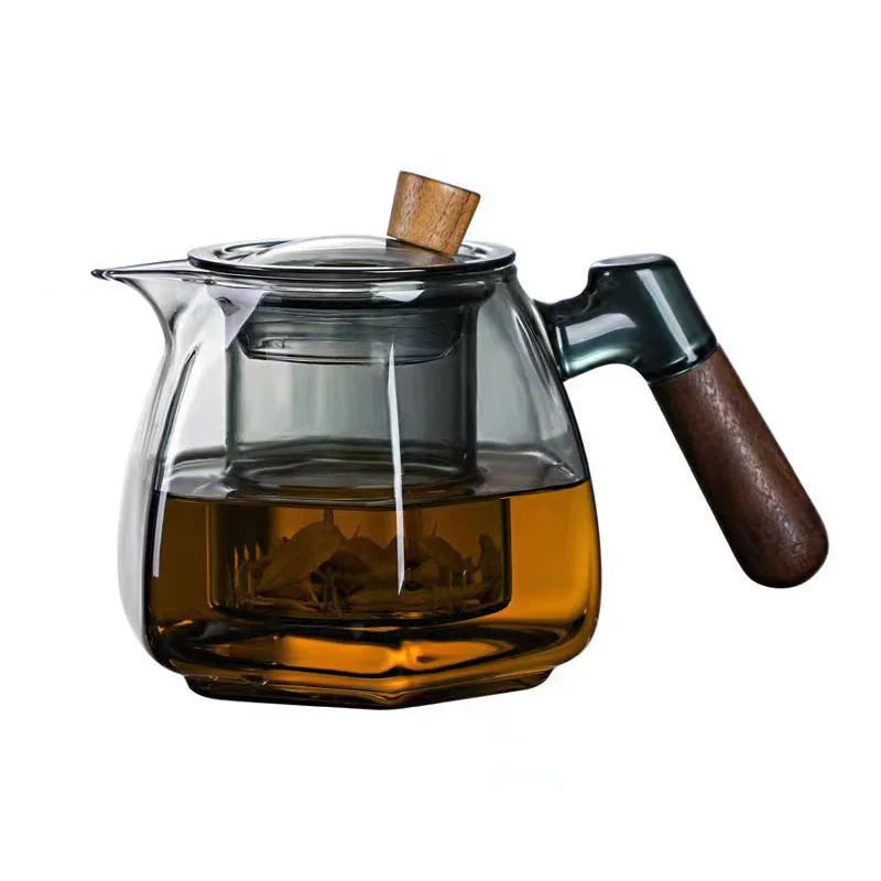 600ml Wooden Handle Hexagonal Glass Teapot with Tea Infsuer Houshold Brewing Tea Pot Tea Ceremony Tea Maker Teaware