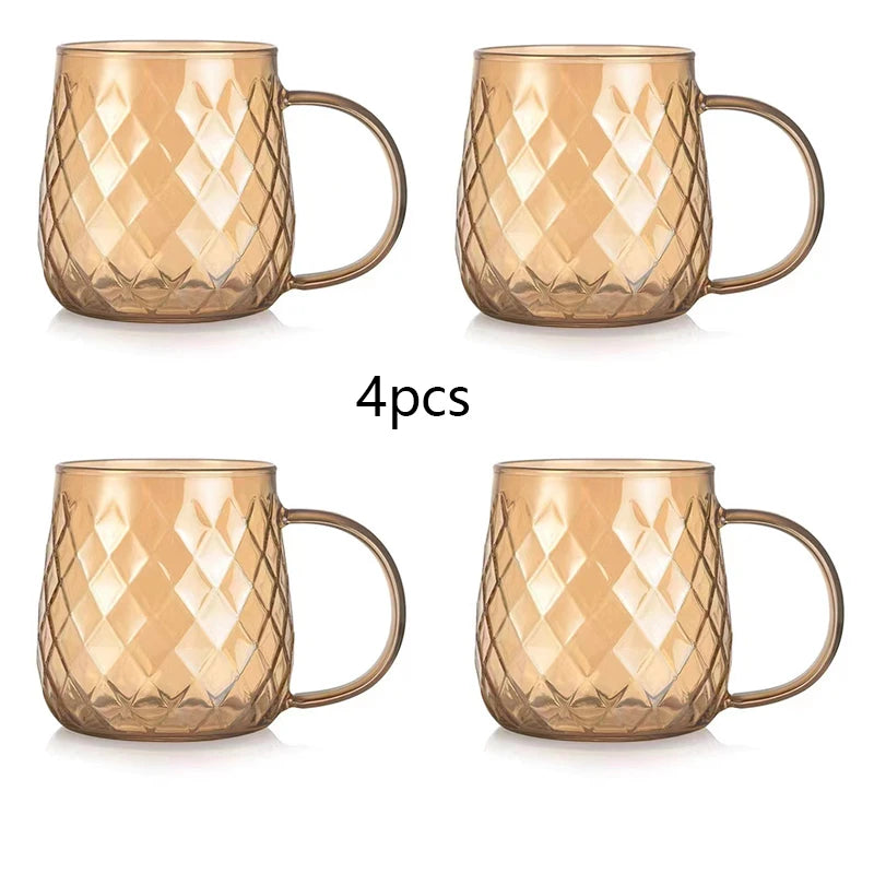 2/4pcs Diamond Textured Glass Cup Set Golden Teacup Mug With Handle Household Fruit Tea Coffee Milk Drinkware Cup Set 380ml