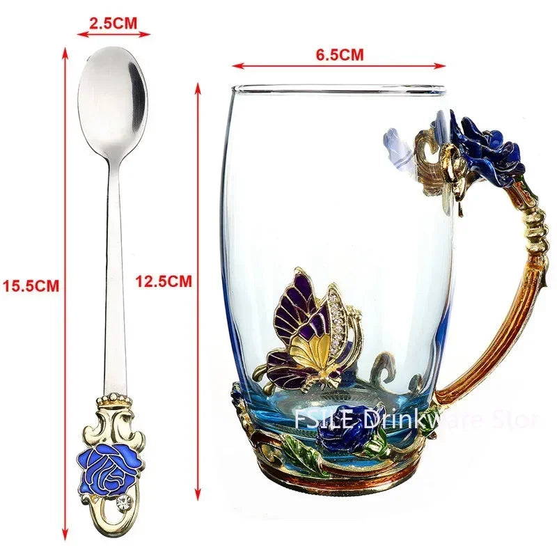 LMHBJY Beauty And Novelty Enamel Coffee Cup Mug Flower Tea Glass Cups Hot and Cold Drinks Tea Cup Spoon Set Perfect Wedding Gift