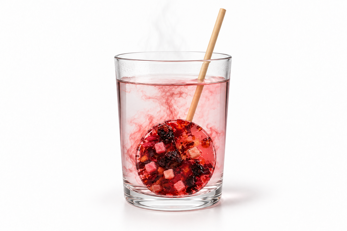 Berry Glow – rund teklubba i ett glas varmt vatten