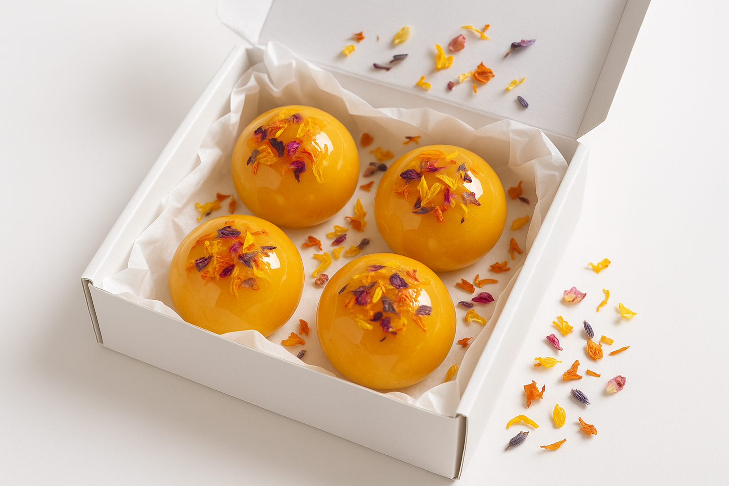can-you-make-a-pic-of a White gift box with White gift papper and 4-sunrise-bloom-tea-bomb-in-a-glossy-glykos-bomb-with-some-dried-floder-on-and-white-background