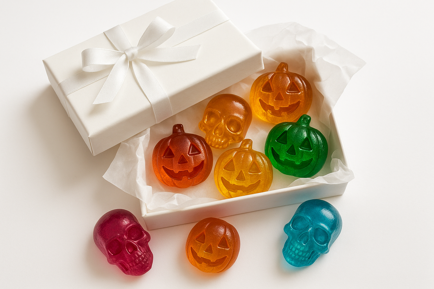 kan du göra en bild på en vit gift box med vit gift papper under med 6 Chrystal candys i formerna dödskalle och pumpkin ansikte med vit bakground