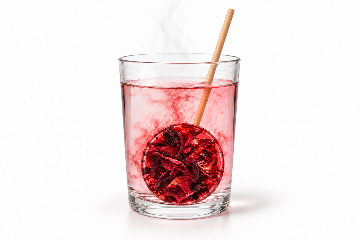 Roselle – rund teklubba i ett glas varmt vatten