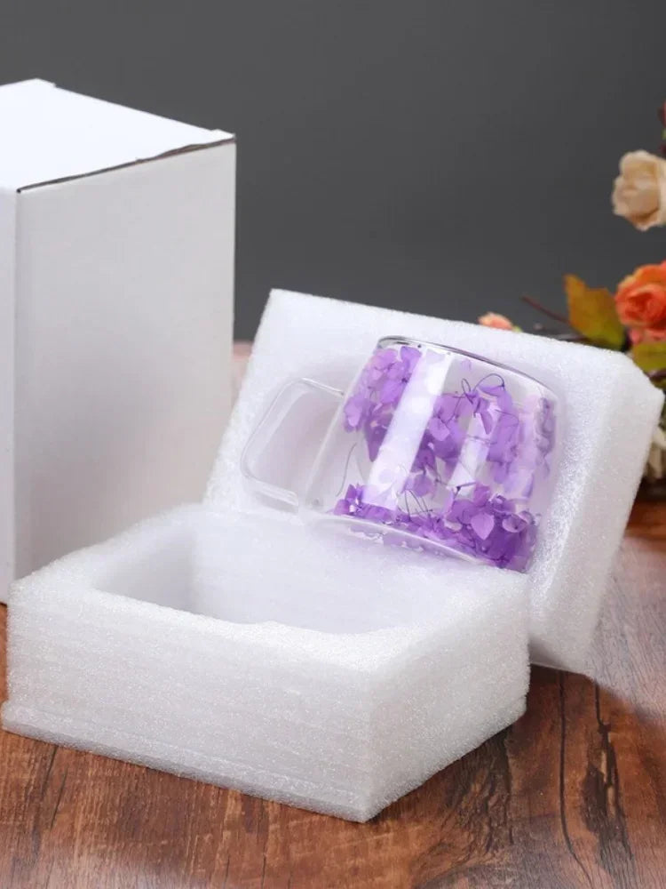 Double Wall High Borosilicate Clear Glass Cup Dried Flowers Glass Tea Cup Coffee Mug with Handle Heat Resistant Tea Cups