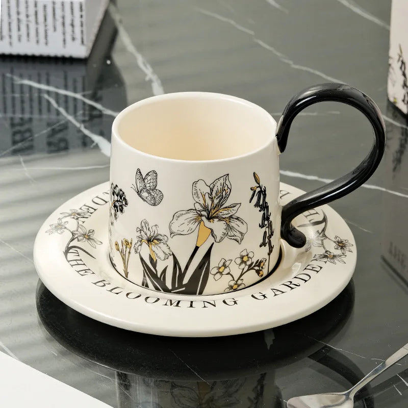 Mid Ancient Style Ceramic Coffee Cup and Plate Set One Cup and Plate Light Luxury and High-end Feel Mug Gift Cup