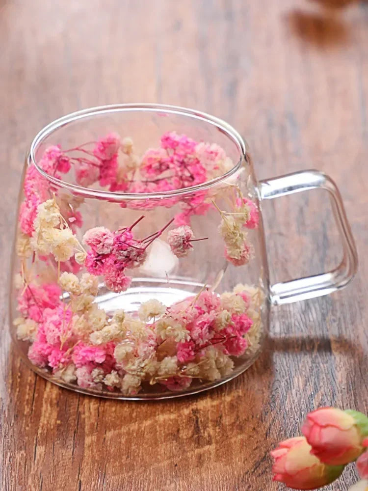 Double Wall High Borosilicate Clear Glass Cup Dried Flowers Glass Tea Cup Coffee Mug with Handle Heat Resistant Tea Cups