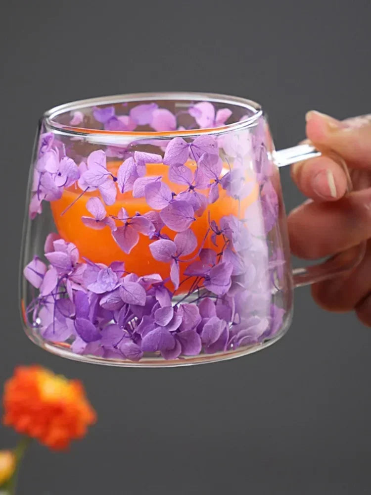 Double Wall High Borosilicate Clear Glass Cup Dried Flowers Glass Tea Cup Coffee Mug with Handle Heat Resistant Tea Cups