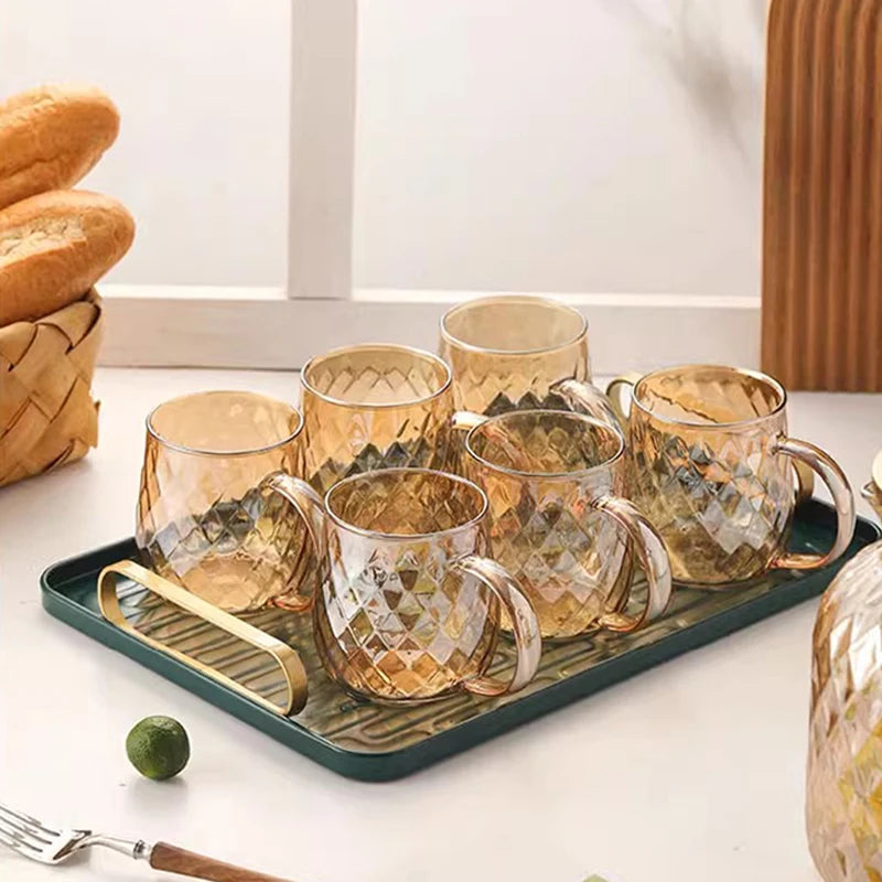 2/4pcs Diamond Textured Glass Cup Set Golden Teacup Mug With Handle Household Fruit Tea Coffee Milk Drinkware Cup Set 380ml