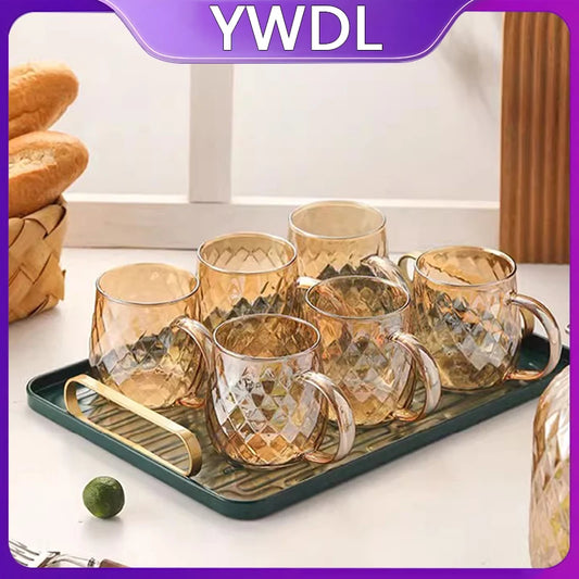 2/4pcs Diamond Textured Glass Cup Set Golden Teacup Mug With Handle Household Fruit Tea Coffee Milk Drinkware Cup Set 380ml