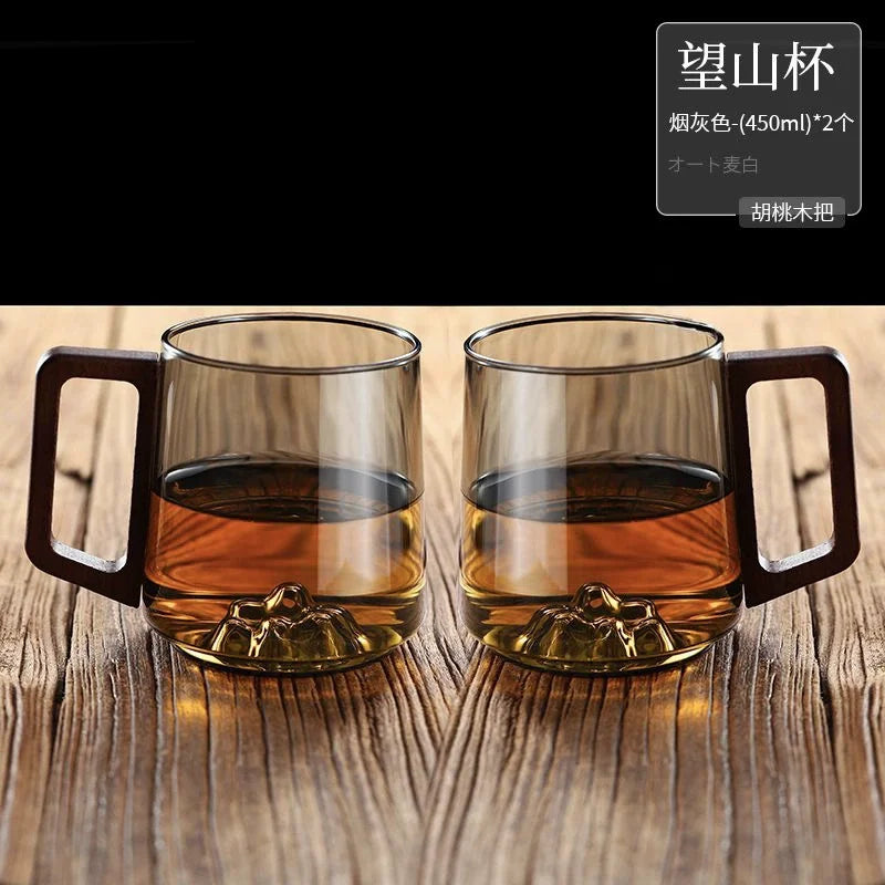 Guanshan Glass Single-layer Side Wooden Handle Drinking Cups Household Large-capacity Milk Tea Juice Single-layer Cup