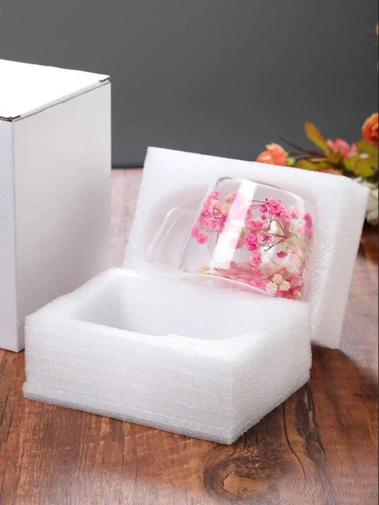 Double Wall High Borosilicate Clear Glass Cup Dried Flowers Glass Tea Cup Coffee Mug with Handle Heat Resistant Tea Cups