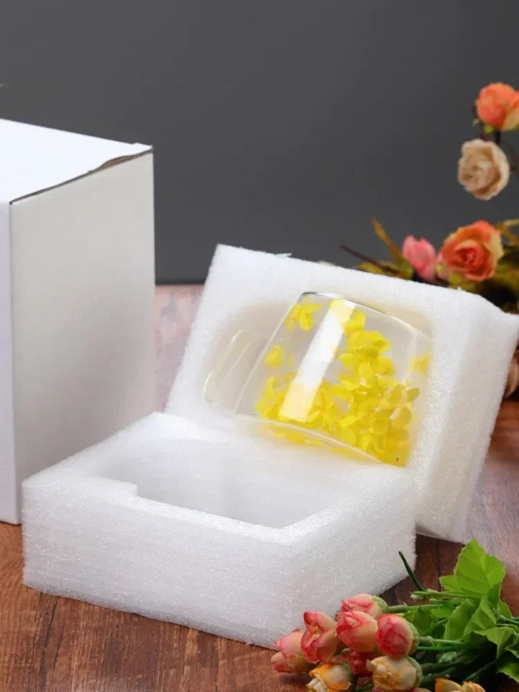 Double Wall High Borosilicate Clear Glass Cup Dried Flowers Glass Tea Cup Coffee Mug with Handle Heat Resistant Tea Cups