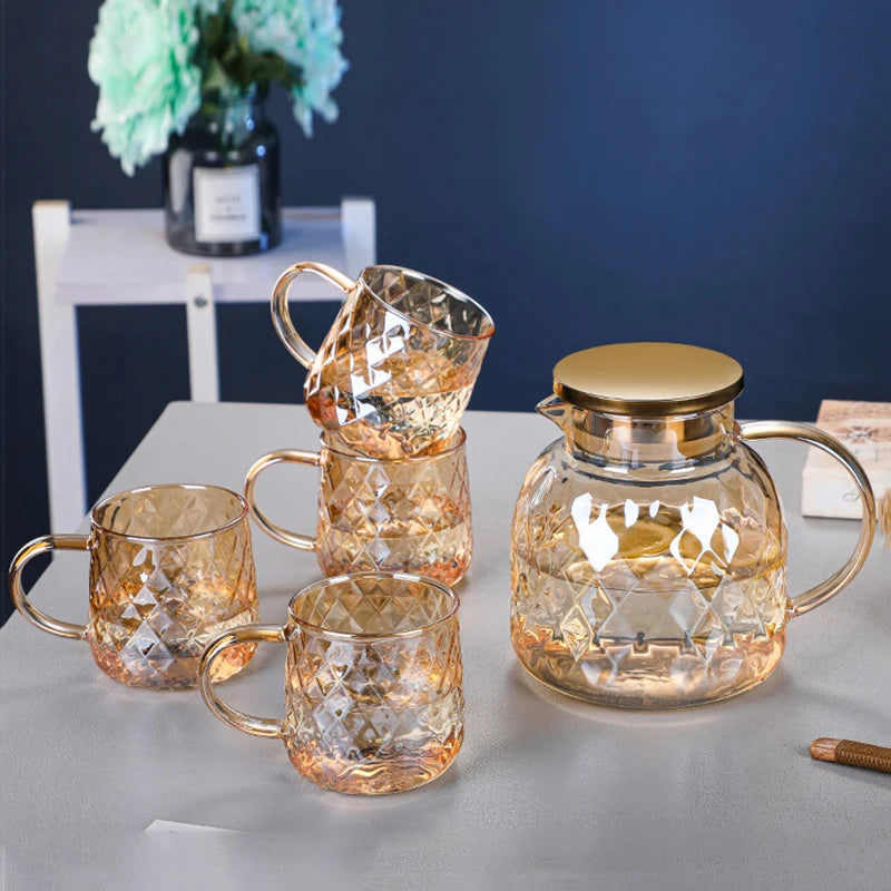 2/4pcs Diamond Textured Glass Cup Set Golden Teacup Mug With Handle Household Fruit Tea Coffee Milk Drinkware Cup Set 380ml