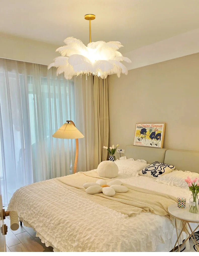 Nordic Ostrich Feather Lamp Led Pendant Lights Living Room Girl's Room Bedroom Indoor Lighting Chandelier Hanging Light Fixture