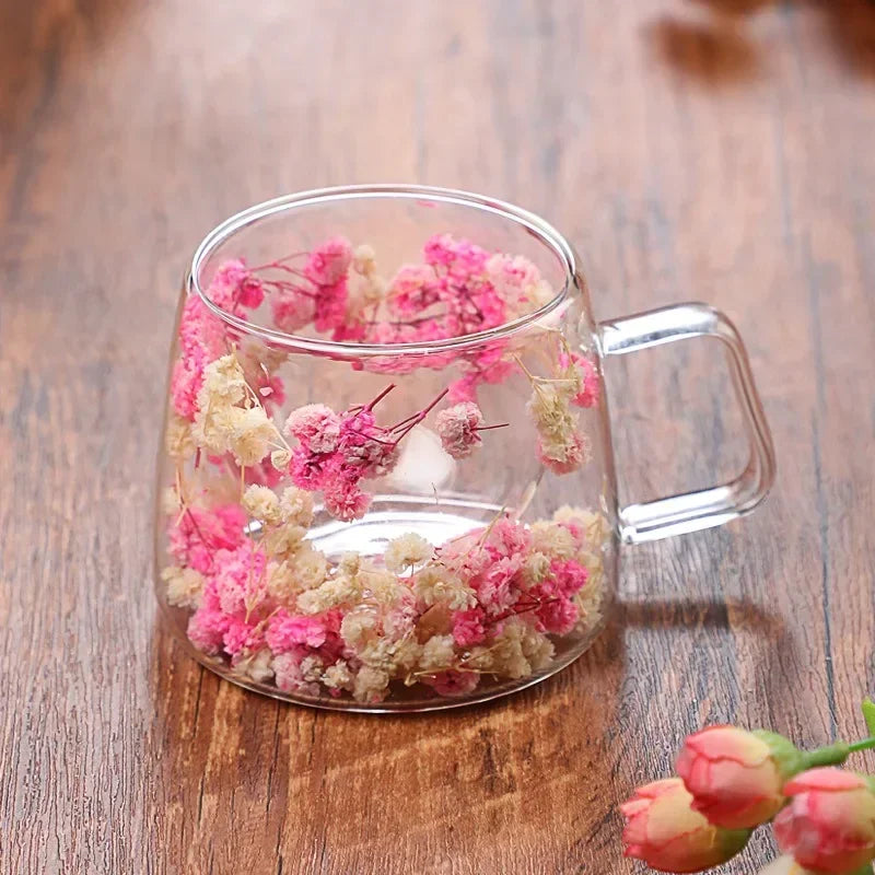Double Wall High Borosilicate Clear Glass Cup Dried Flowers Glass Tea Cup Coffee Mug with Handle Heat Resistant Tea Cups