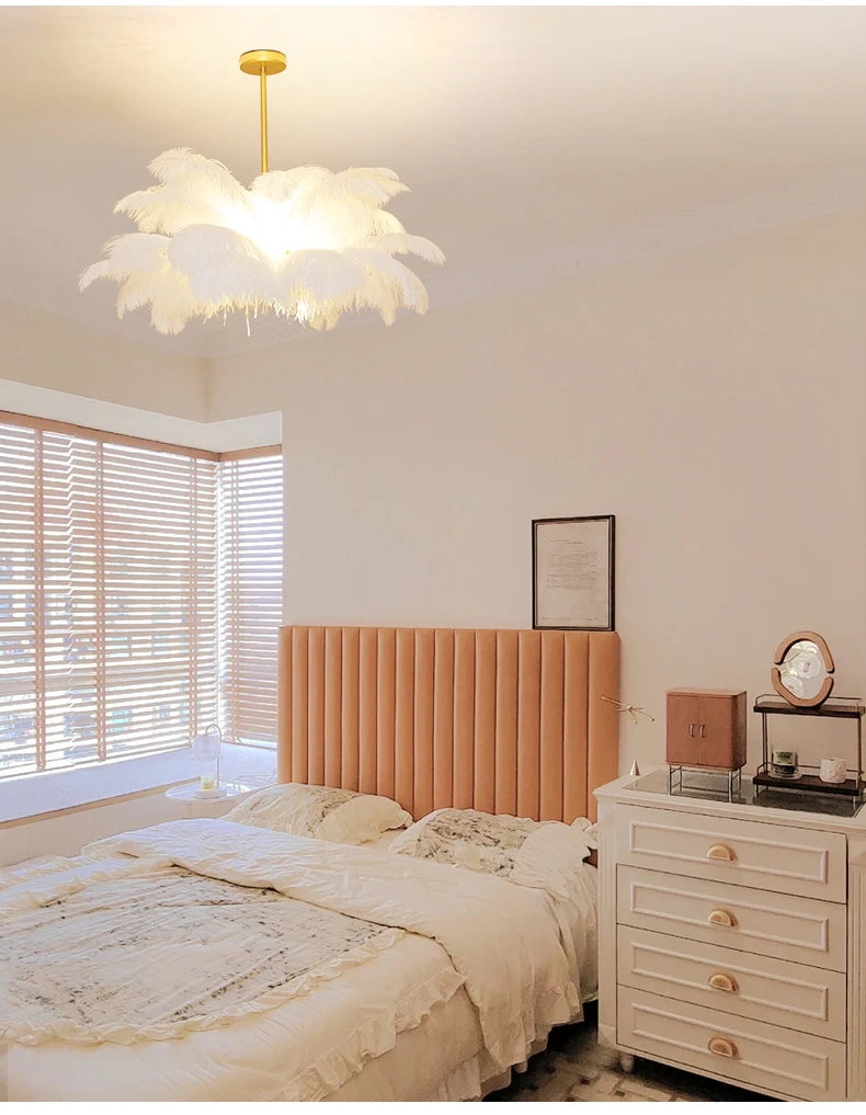 Nordic Ostrich Feather Lamp Led Pendant Lights Living Room Girl's Room Bedroom Indoor Lighting Chandelier Hanging Light Fixture