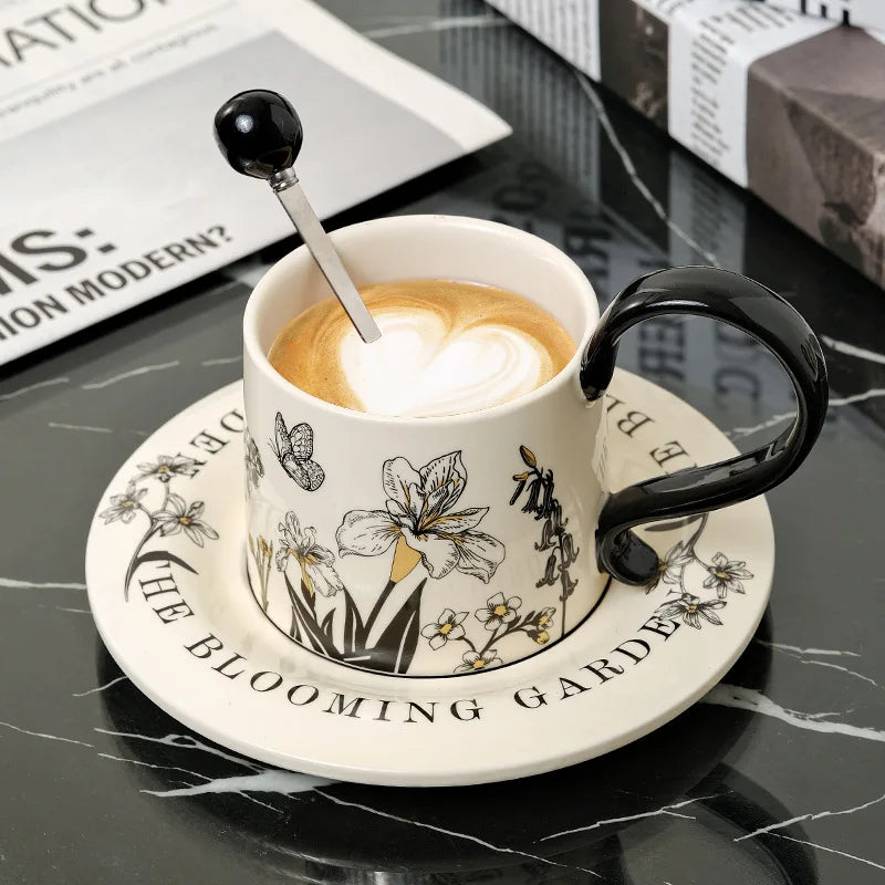 Mid Ancient Style Ceramic Coffee Cup and Plate Set One Cup and Plate Light Luxury and High-end Feel Mug Gift Cup