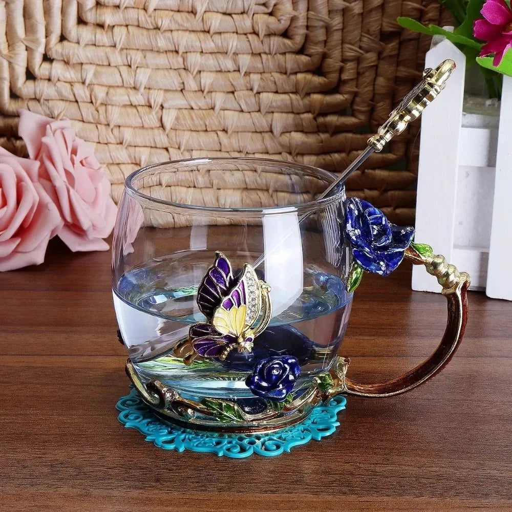 LMHBJY Beauty And Novelty Enamel Coffee Cup Mug Flower Tea Glass Cups Hot and Cold Drinks Tea Cup Spoon Set Perfect Wedding Gift
