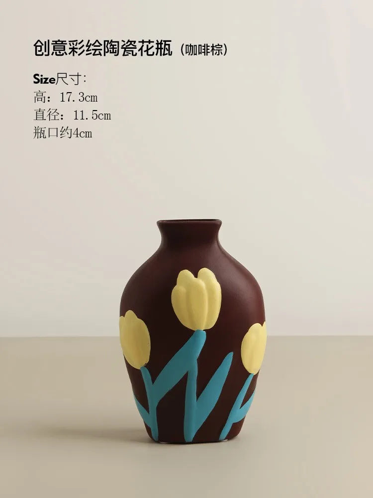 Nordic Morandi Painted Ceramic Vase Living Room Floral Arrangement Creative Home Modern Abstract Art Decoration