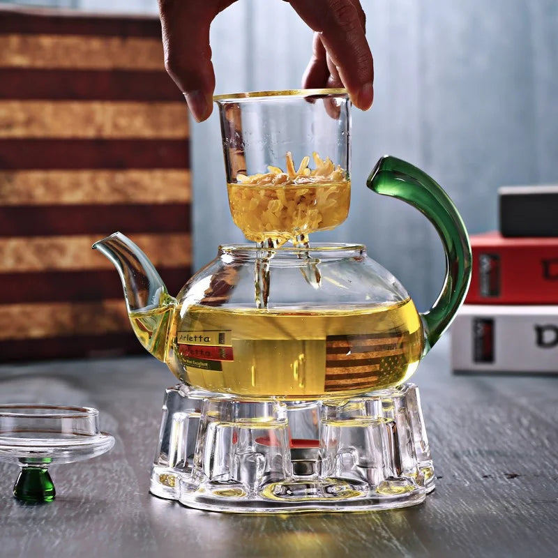 Heat Resistant Clear Glass Tea Pot with Infuser 300ml 600ml Color Warped Handle Glass Teapot Flower Puer Tea Infuser Pot Tea Set