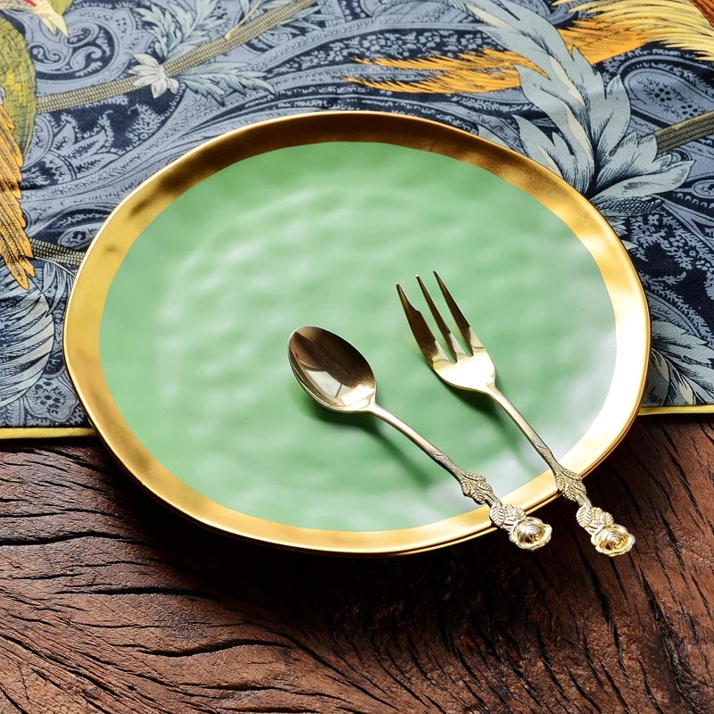 Nordic minimalist gold-plated glazed ceramic dining plate, food plate, fruit plate, flat plate, Western food plate