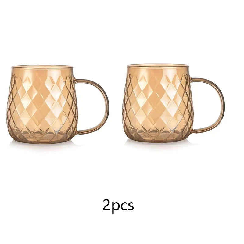 2/4pcs Diamond Textured Glass Cup Set Golden Teacup Mug With Handle Household Fruit Tea Coffee Milk Drinkware Cup Set 380ml