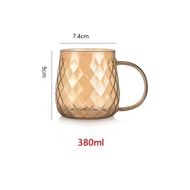 2/4pcs Diamond Textured Glass Cup Set Golden Teacup Mug With Handle Household Fruit Tea Coffee Milk Drinkware Cup Set 380ml