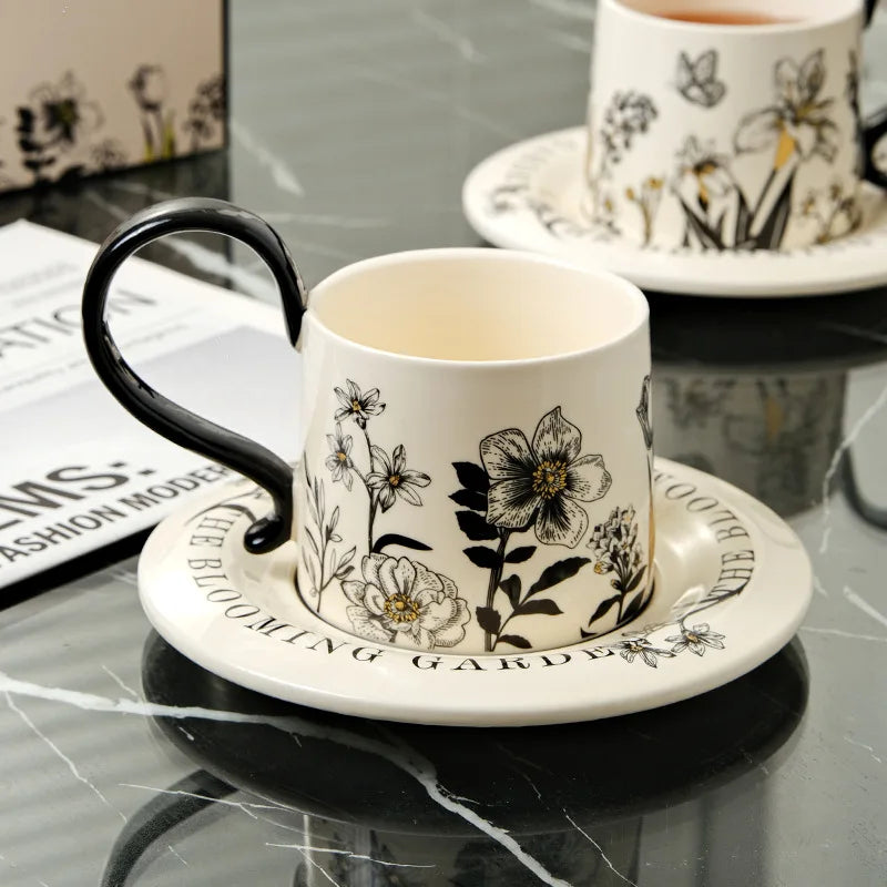 Mid Ancient Style Ceramic Coffee Cup and Plate Set One Cup and Plate Light Luxury and High-end Feel Mug Gift Cup