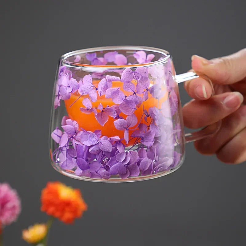 Double Wall High Borosilicate Clear Glass Cup Dried Flowers Glass Tea Cup Coffee Mug with Handle Heat Resistant Tea Cups