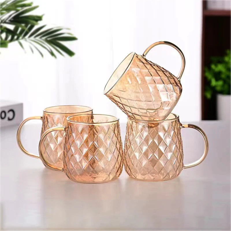 2/4pcs Diamond Textured Glass Cup Set Golden Teacup Mug With Handle Household Fruit Tea Coffee Milk Drinkware Cup Set 380ml