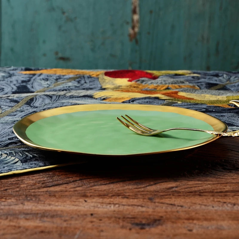 Nordic minimalist gold-plated glazed ceramic dining plate, food plate, fruit plate, flat plate, Western food plate