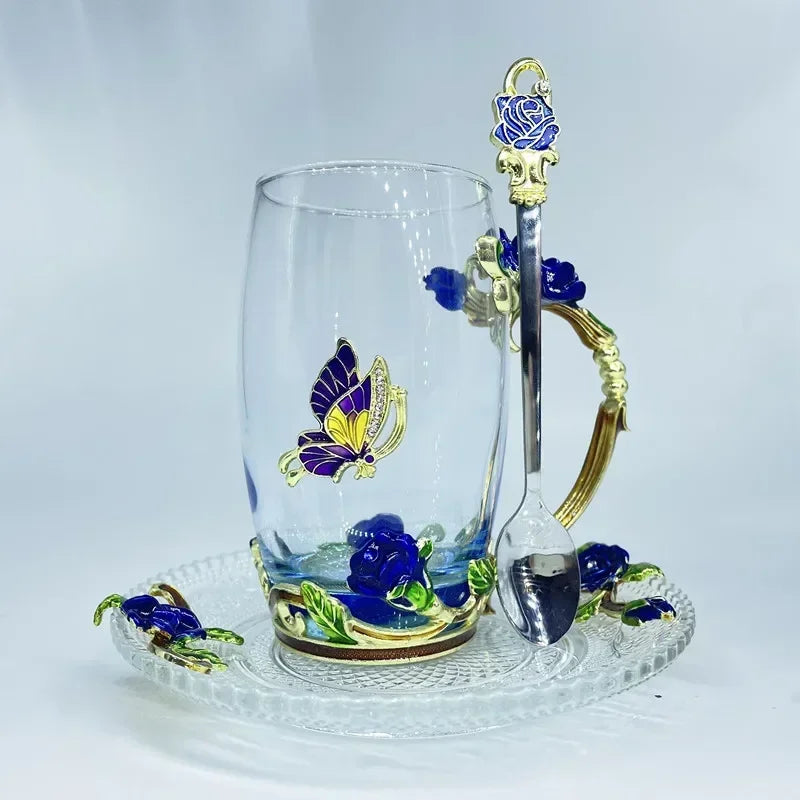 LMHBJY Beauty And Novelty Enamel Coffee Cup Mug Flower Tea Glass Cups Hot and Cold Drinks Tea Cup Spoon Set Perfect Wedding Gift