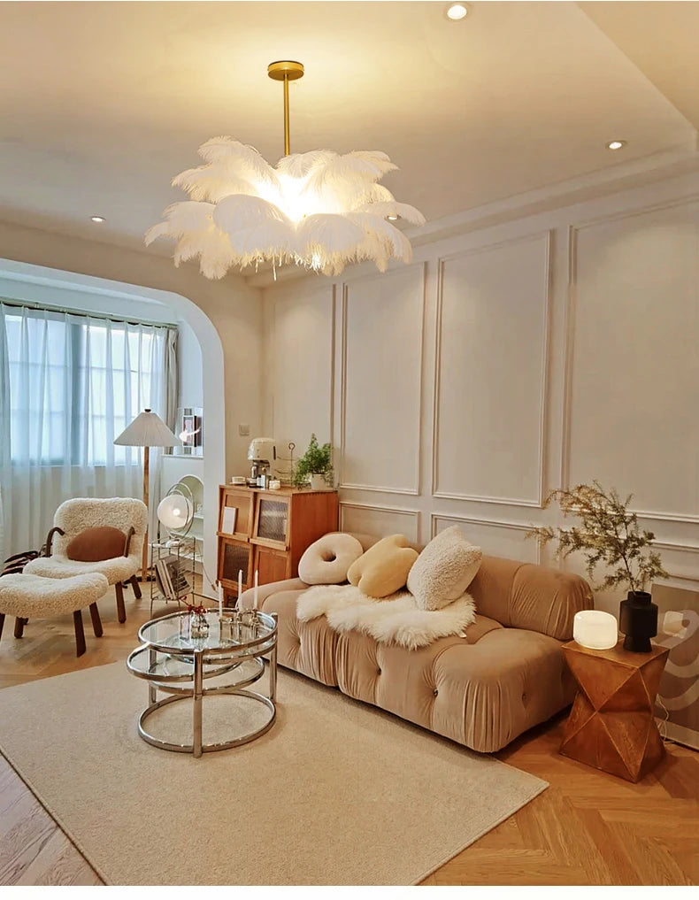 Nordic Ostrich Feather Lamp Led Pendant Lights Living Room Girl's Room Bedroom Indoor Lighting Chandelier Hanging Light Fixture