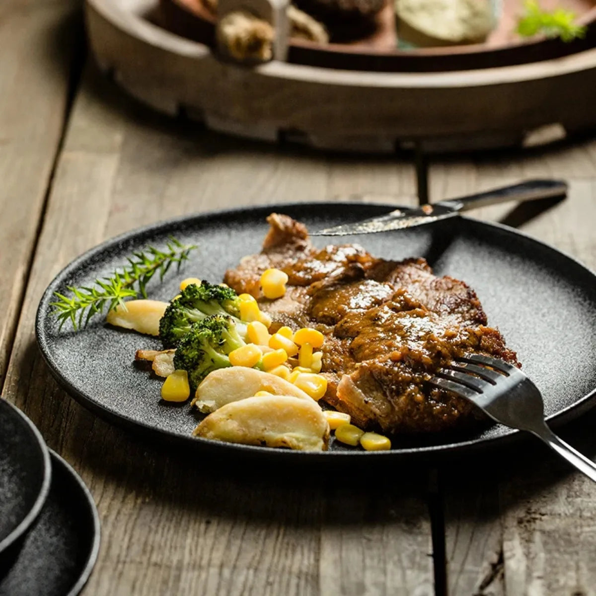 Ceramics Plate Set Home Black Plates Dishes Japanese Style Dinnerware Set Kitchen Decoration Steak Western Food Breakfast Plates