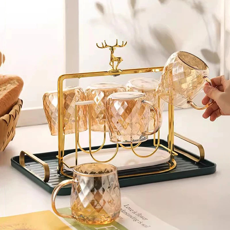 2/4pcs Diamond Textured Glass Cup Set Golden Teacup Mug With Handle Household Fruit Tea Coffee Milk Drinkware Cup Set 380ml