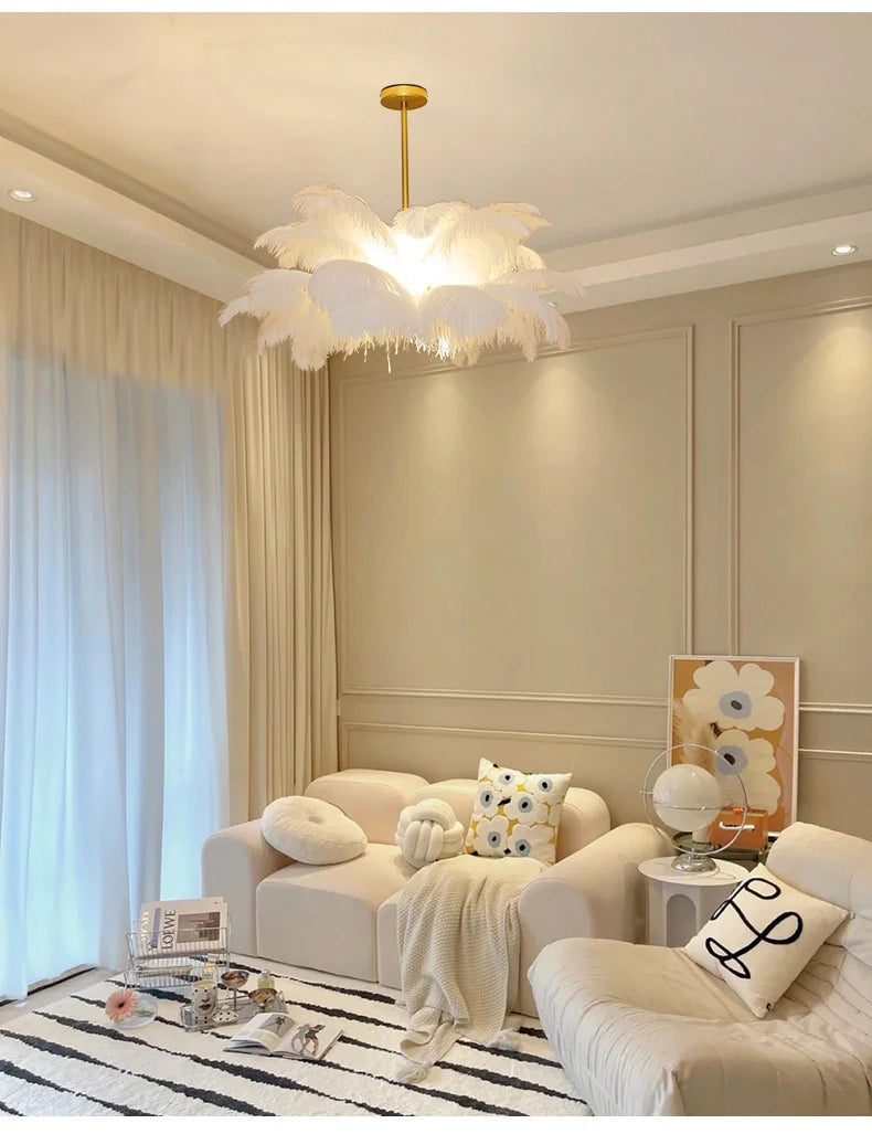 Nordic Ostrich Feather Lamp Led Pendant Lights Living Room Girl's Room Bedroom Indoor Lighting Chandelier Hanging Light Fixture