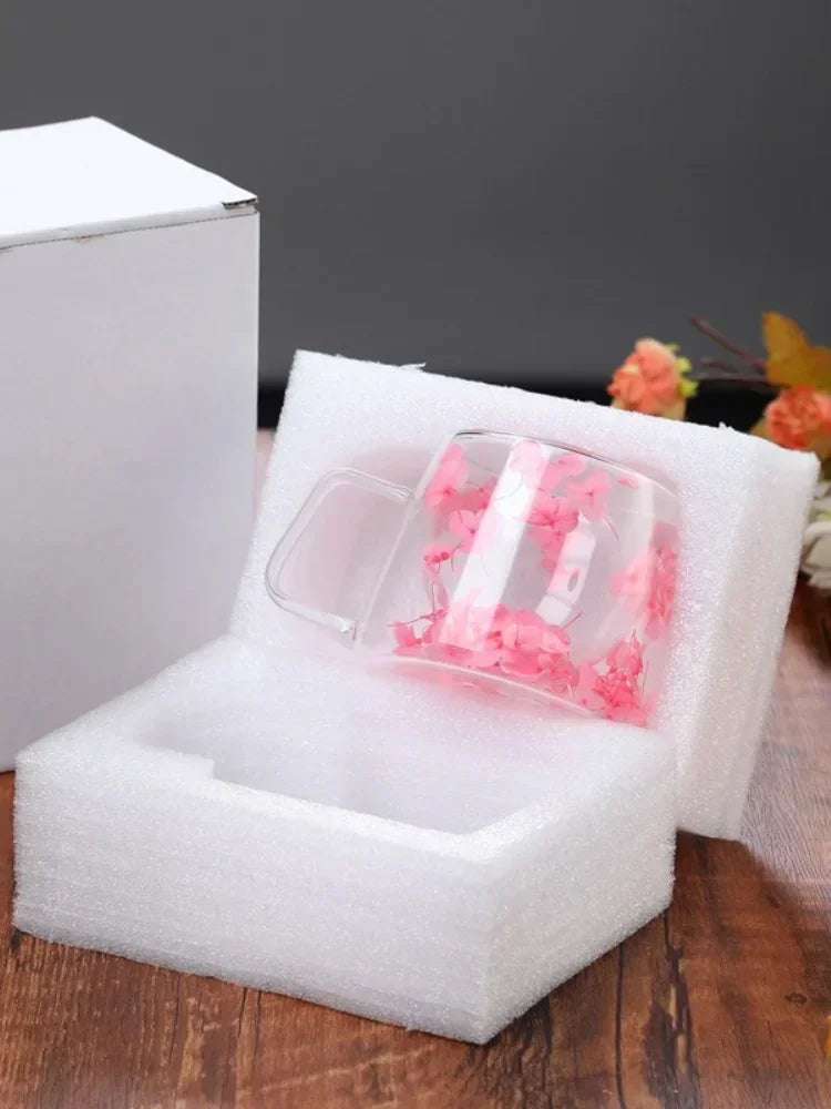 Double Wall High Borosilicate Clear Glass Cup Dried Flowers Glass Tea Cup Coffee Mug with Handle Heat Resistant Tea Cups