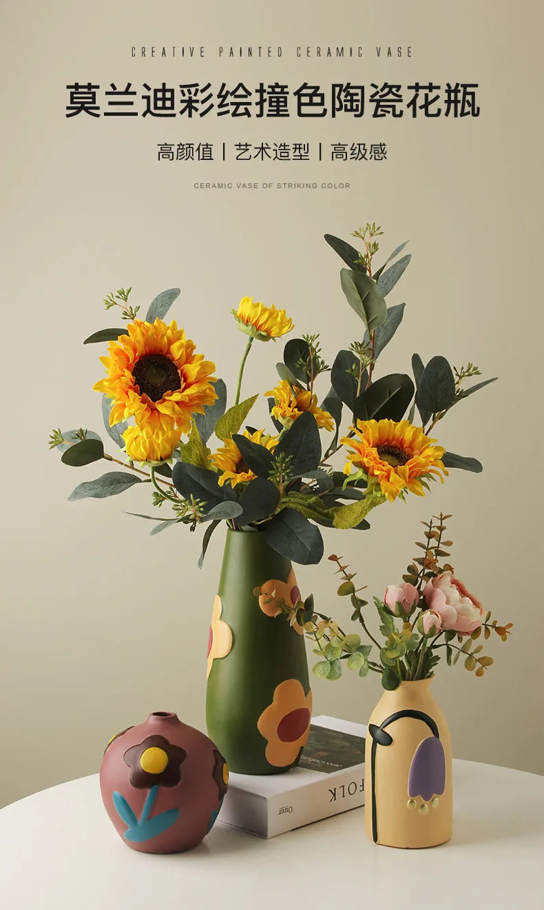 Nordic Morandi Painted Ceramic Vase Living Room Floral Arrangement Creative Home Modern Abstract Art Decoration