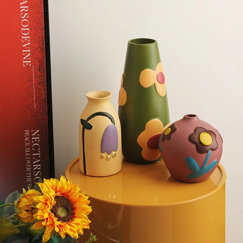 Nordic Morandi Painted Ceramic Vase Living Room Floral Arrangement Creative Home Modern Abstract Art Decoration