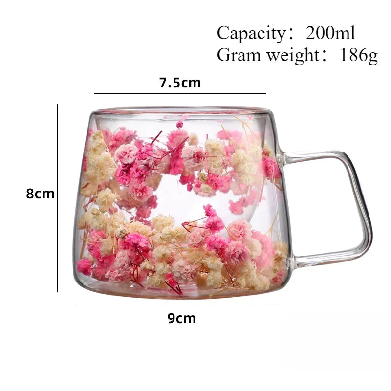 Double Wall High Borosilicate Clear Glass Cup Dried Flowers Glass Tea Cup Coffee Mug with Handle Heat Resistant Tea Cups