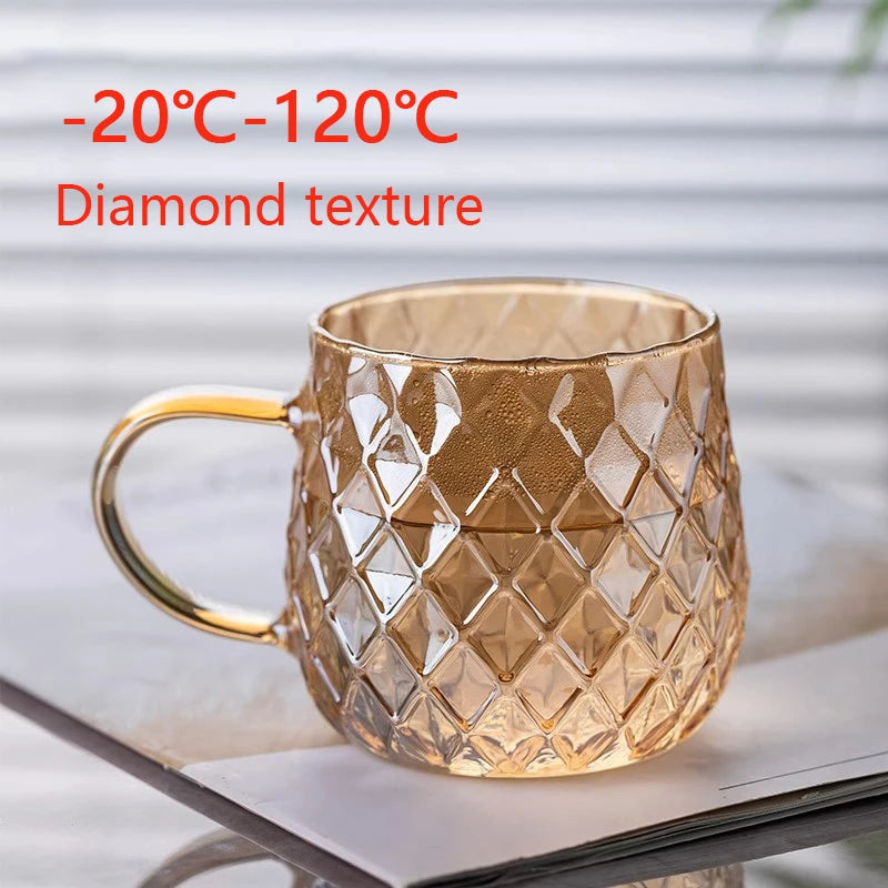 2/4pcs Diamond Textured Glass Cup Set Golden Teacup Mug With Handle Household Fruit Tea Coffee Milk Drinkware Cup Set 380ml