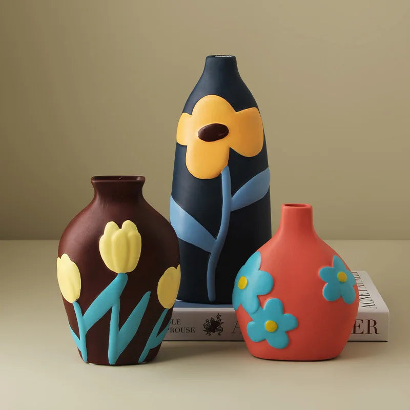 Nordic Morandi Painted Ceramic Vase Living Room Floral Arrangement Creative Home Modern Abstract Art Decoration