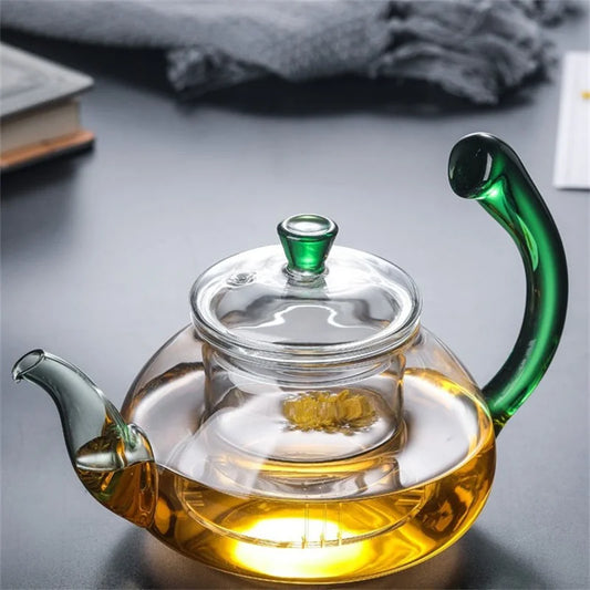 Heat Resistant Clear Glass Tea Pot with Infuser 300ml 600ml Color Warped Handle Glass Teapot Flower Puer Tea Infuser Pot Tea Set
