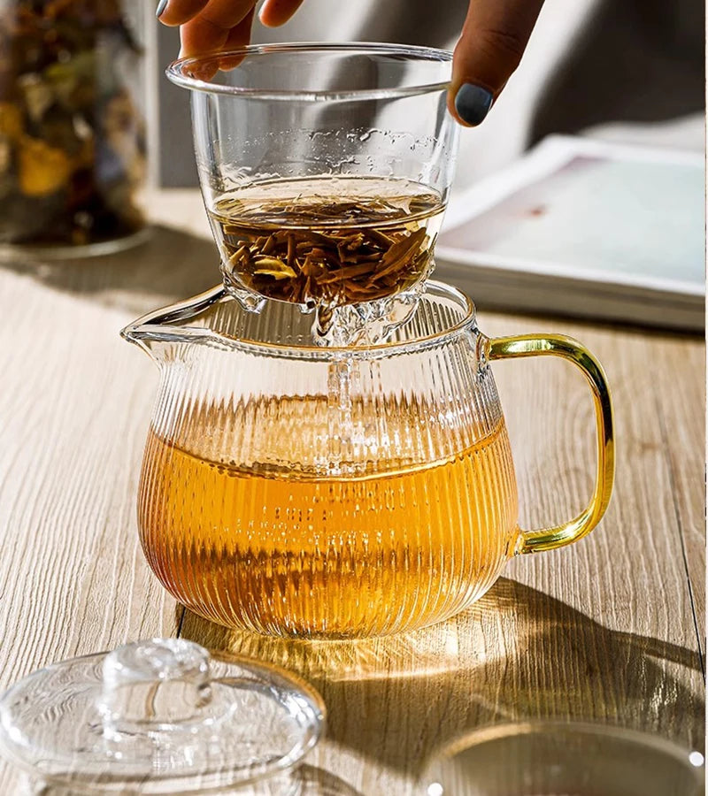 480/650ml Stripe Clear Glass Teapot With Tea Strainer Infuser Heat-resistant Kettle Kung Fu Flower Puer Oolong Pot Teaweare