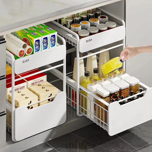 Kitchen Sink Storage Rack, Multi-Function Storage Organizer, Pot Cabinet Pull-Out Shelf, Adjustable Layer Organizer for Kitchen