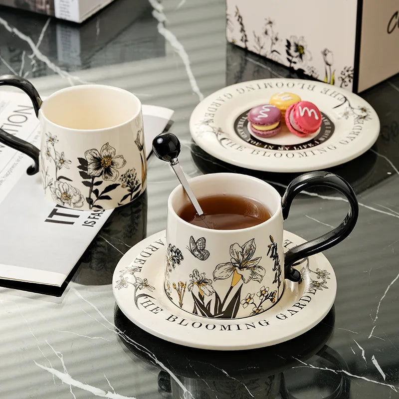 Mid Ancient Style Ceramic Coffee Cup and Plate Set One Cup and Plate Light Luxury and High-end Feel Mug Gift Cup