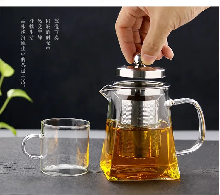 Heat Resistant Glass Teapot With Stainless Steel Coffee Infuser Heated Container Tea Pot Good Clear Kettle Square Filter Baskets