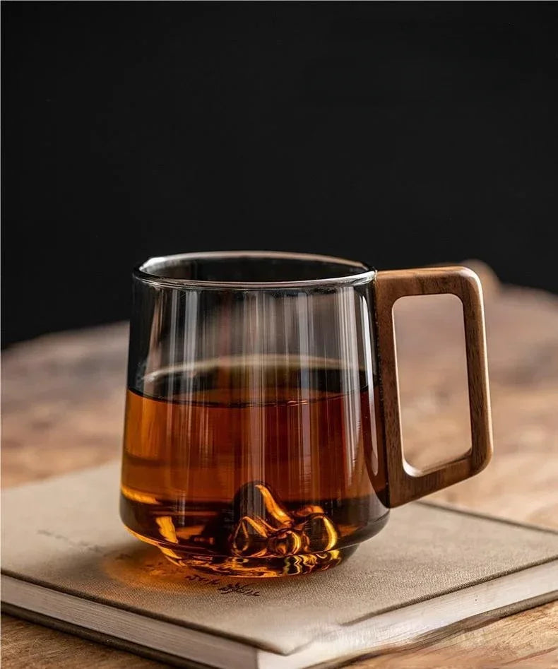 Guanshan Glass Single-layer Side Wooden Handle Drinking Cups Household Large-capacity Milk Tea Juice Single-layer Cup