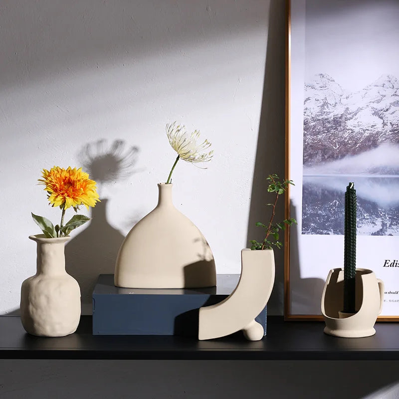 Nordic Polygon Circular Ceramic Vase Home Living Room TV Cabinet Desktop Homestay Art Decorations Dry Flower Arrangements Vase