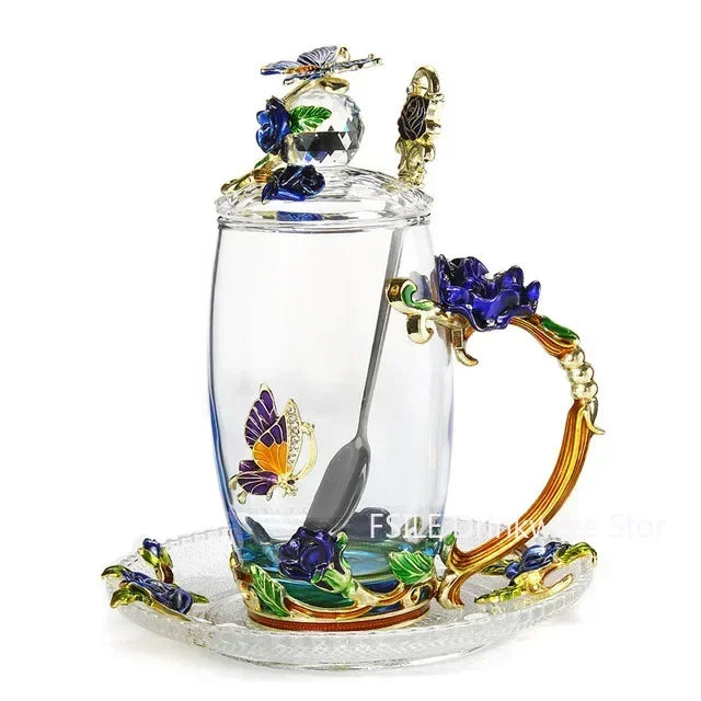 LMHBJY Beauty And Novelty Enamel Coffee Cup Mug Flower Tea Glass Cups Hot and Cold Drinks Tea Cup Spoon Set Perfect Wedding Gift